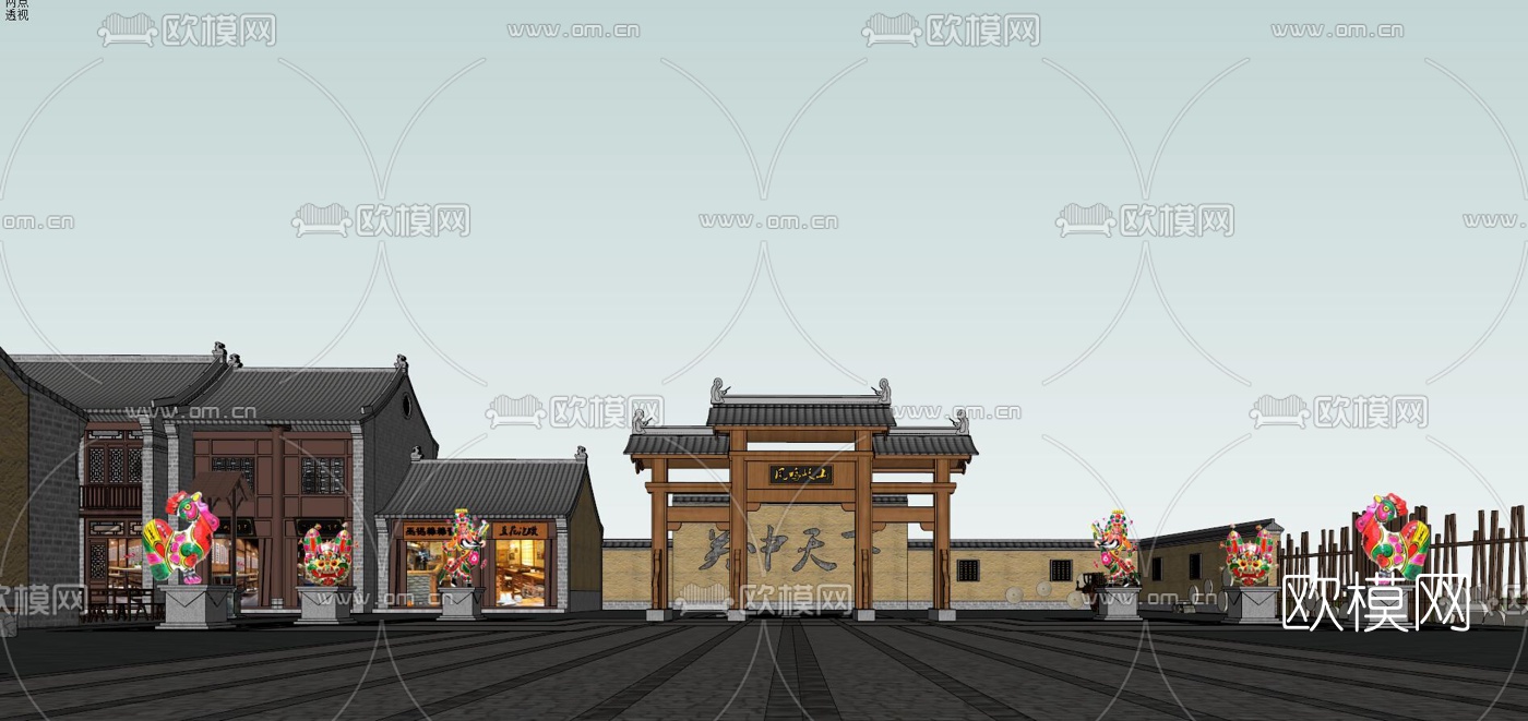 中式仿古小镇su模型下载（渲染图2）
