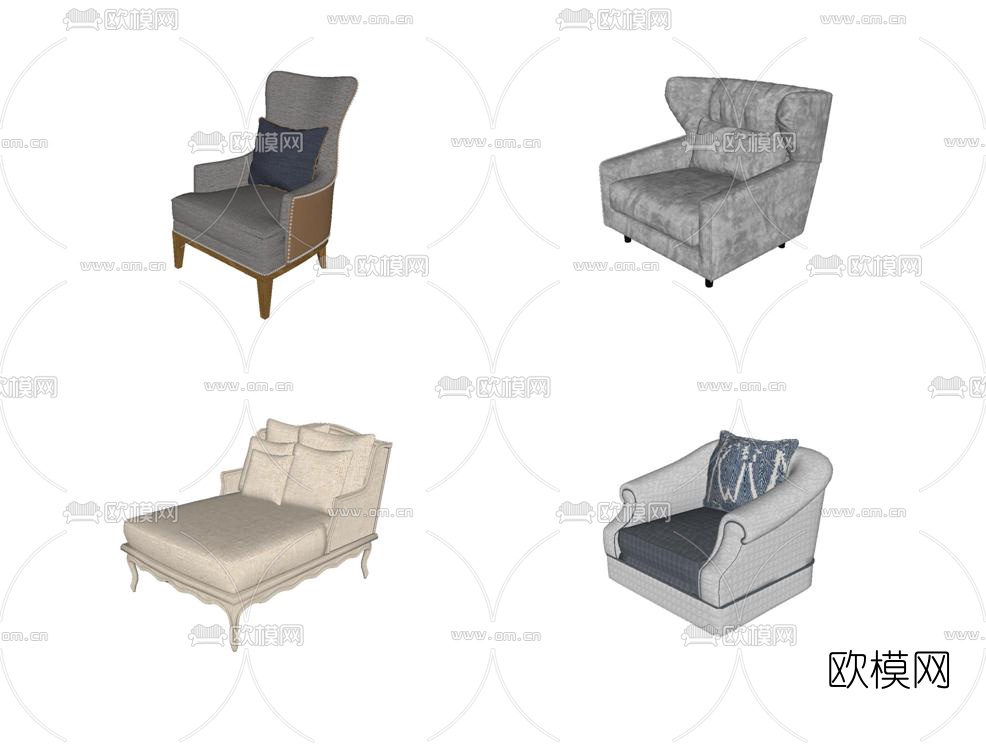 欧式布艺单人沙发su模型下载