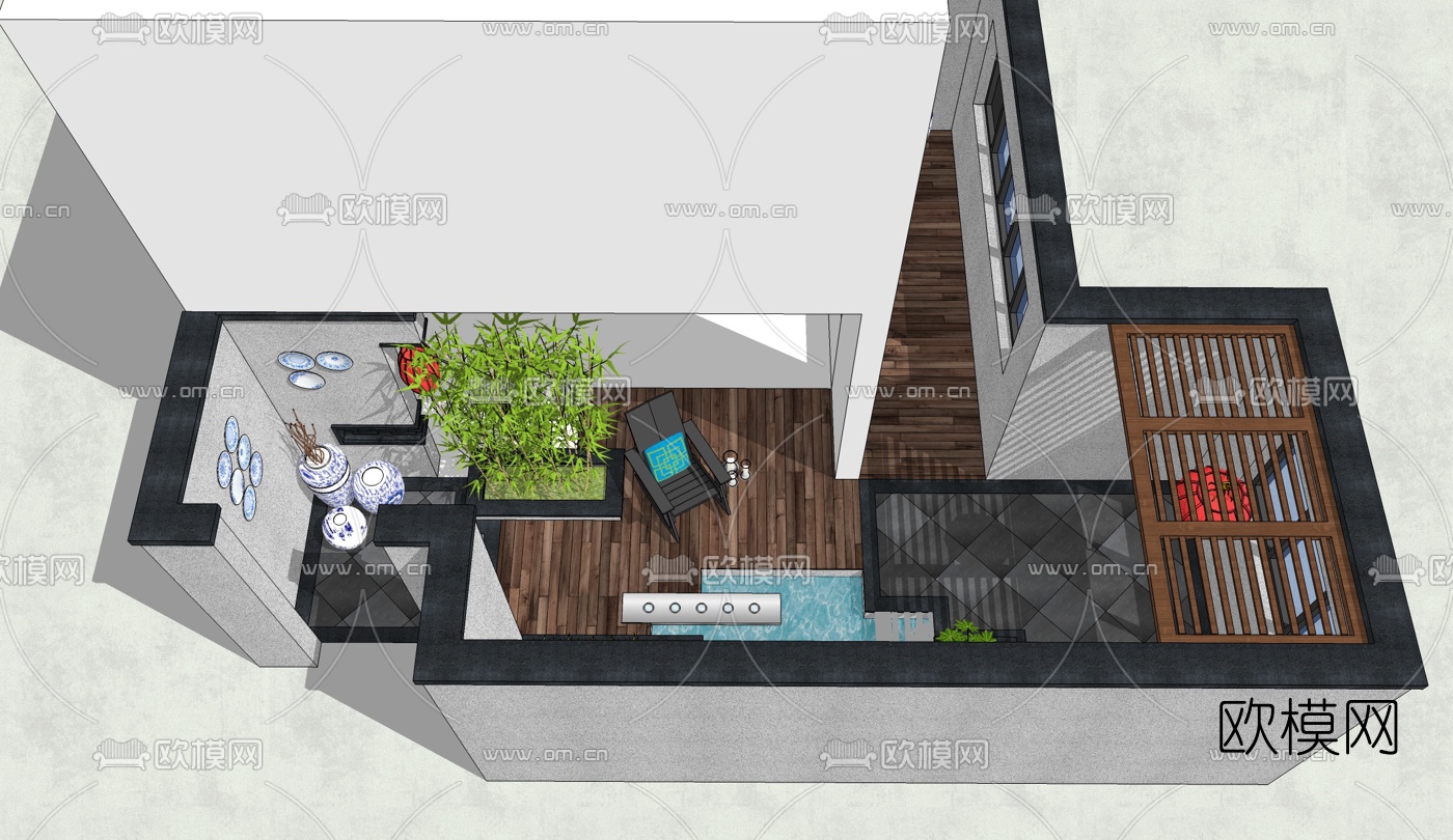 新中式别墅庭院景观su模型下载（渲染图3）