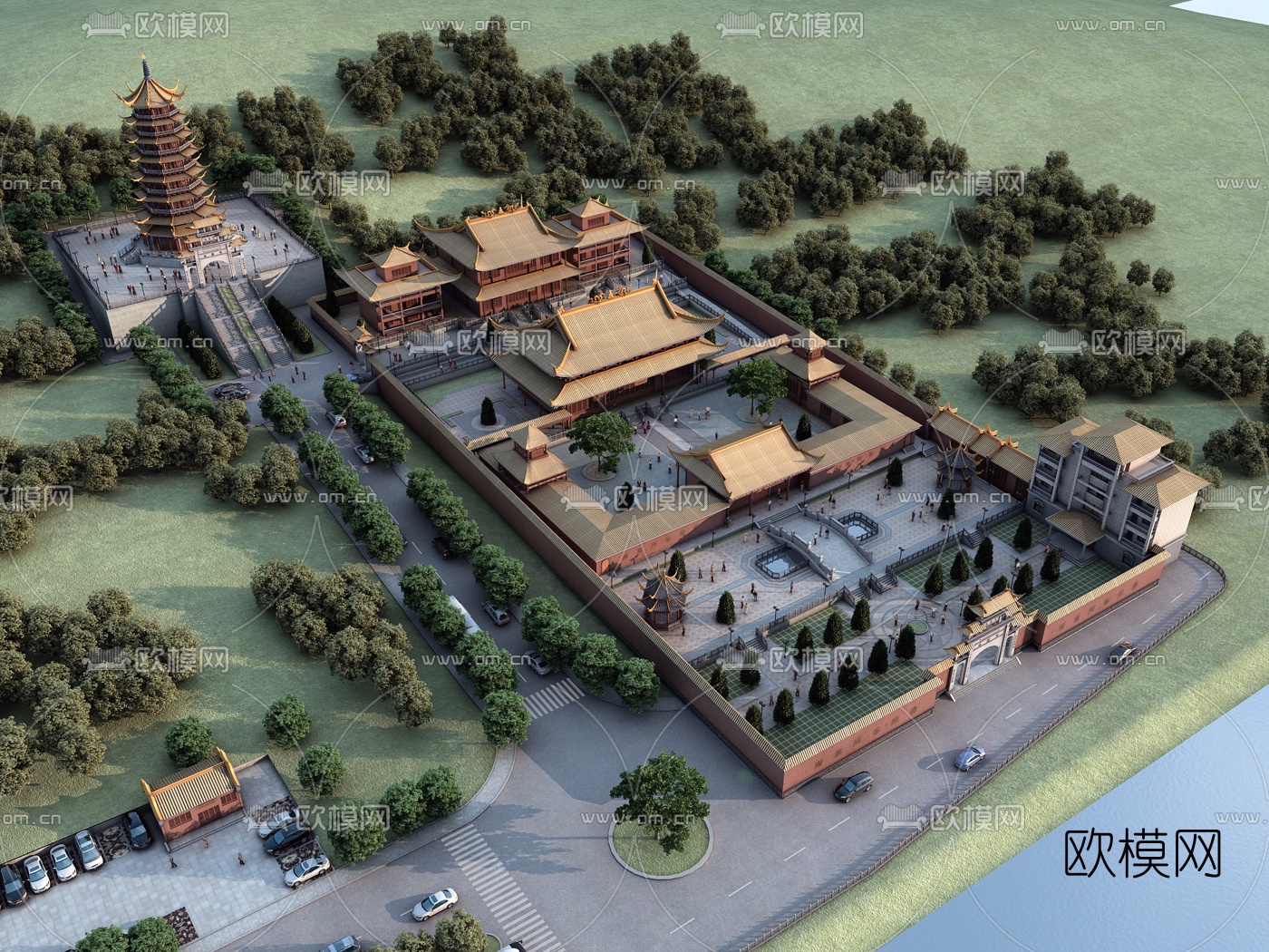 新中式寺庙鸟瞰规划3d模型下载