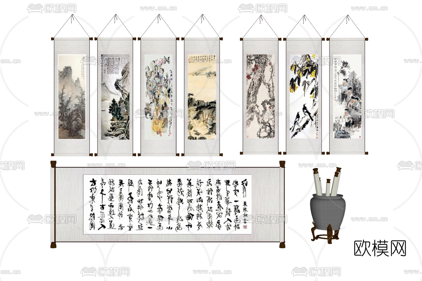 新中式水墨画挂画免费su模型下载