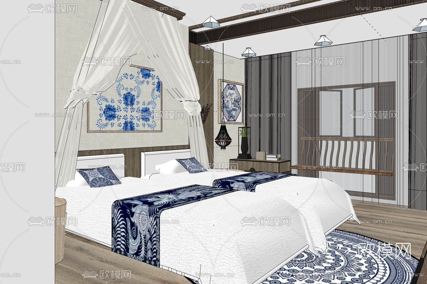 新中式酒店双人套房su模型下载