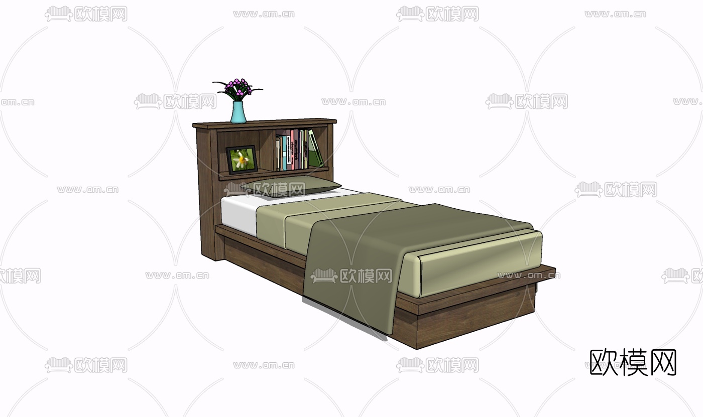现代实木单人床免费su模型下载