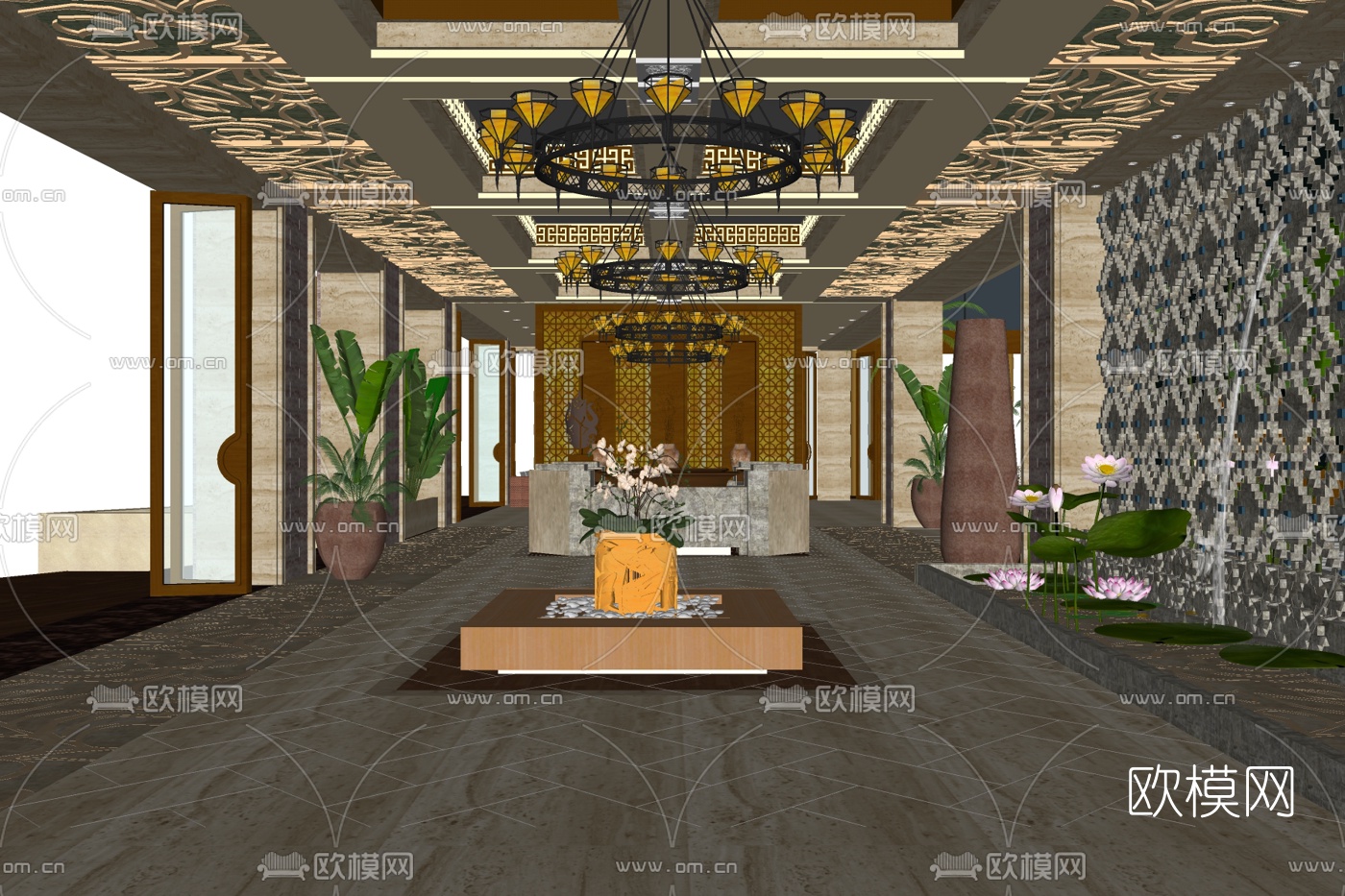 新中式酒店大堂免费su模型下载