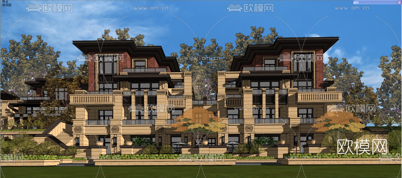 新古典连排别墅免费su模型下载（渲染图1）