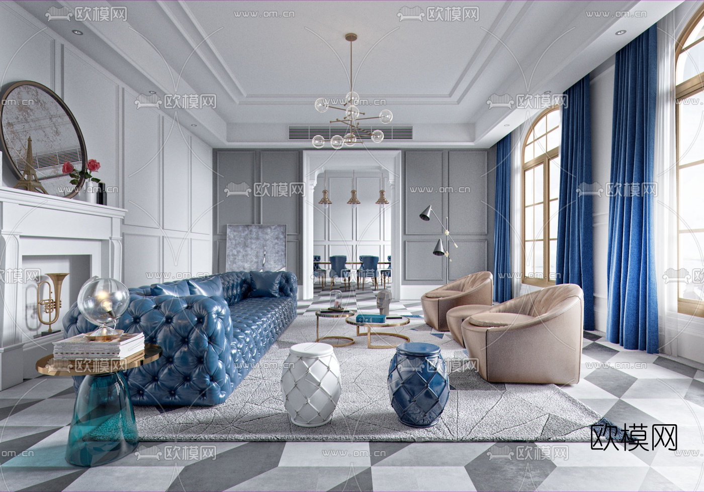 简欧轻奢客厅餐厅3d模型下载