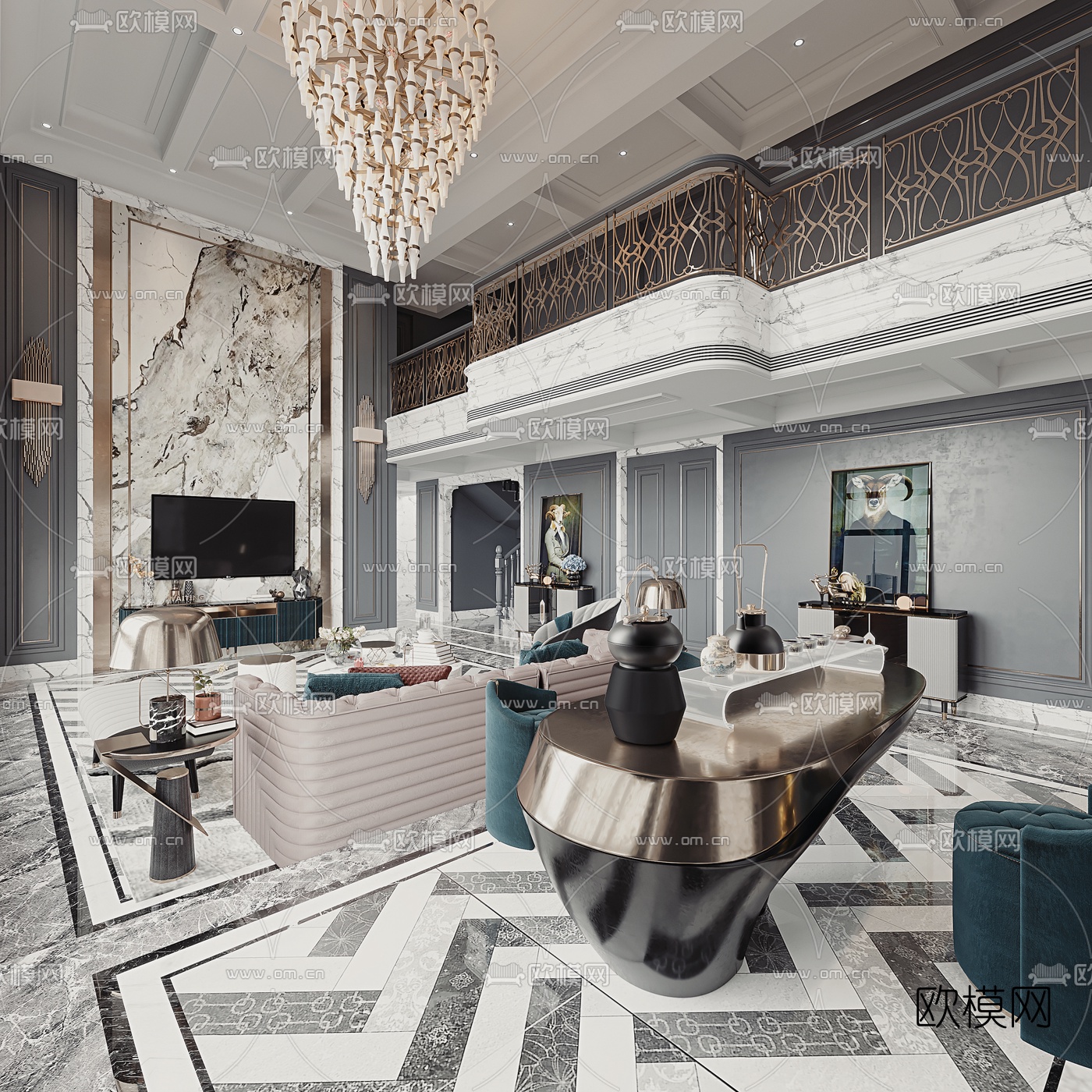 简欧轻奢别墅客厅3d模型下载（渲染图1）