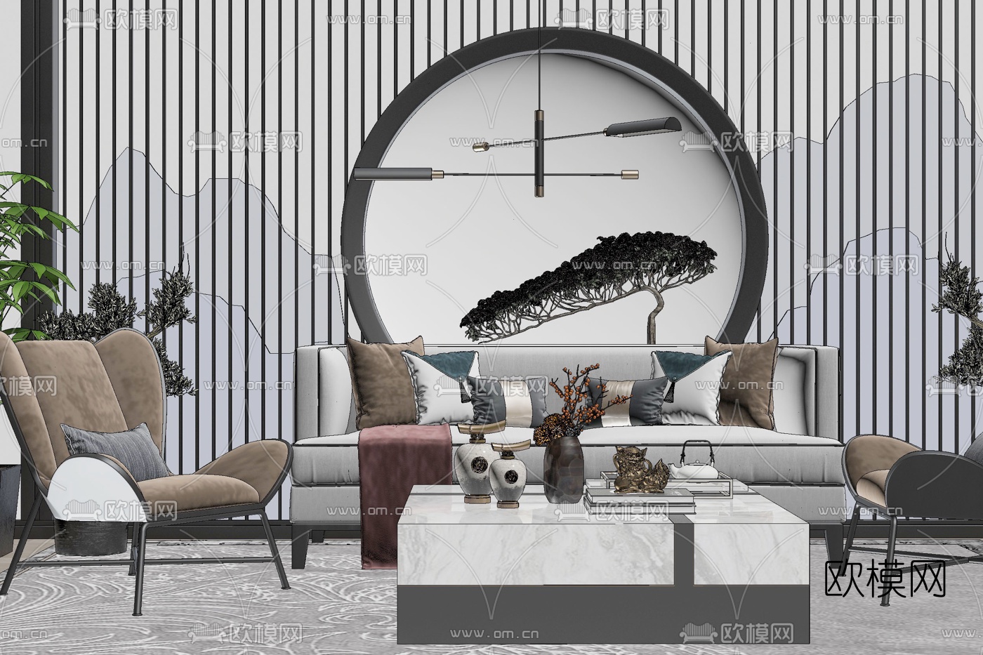 新中式布艺沙发组合su模型下载（渲染图2）