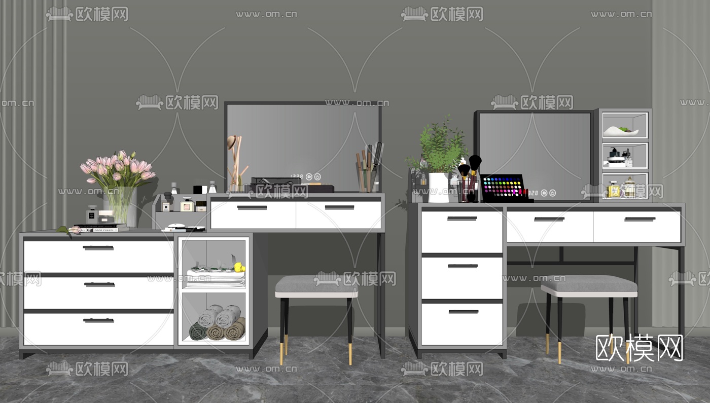 现代实木梳妆台化妆品su模型下载