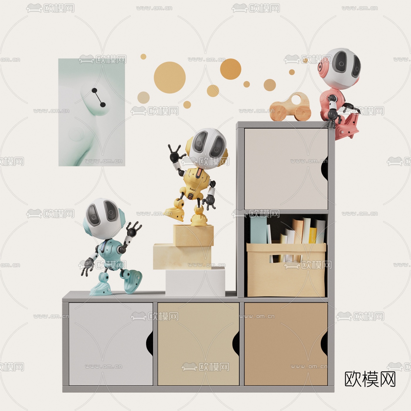 现代儿童书柜玩具柜3d模型下载（渲染图1）
