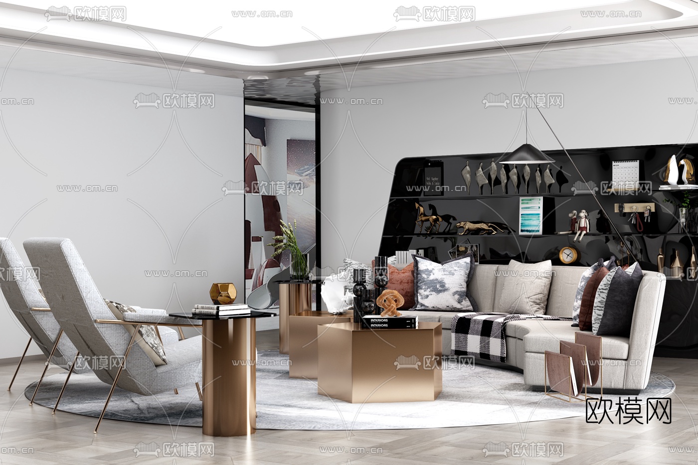 朴悦设计 现代弧形布艺沙发组合3d模型下载