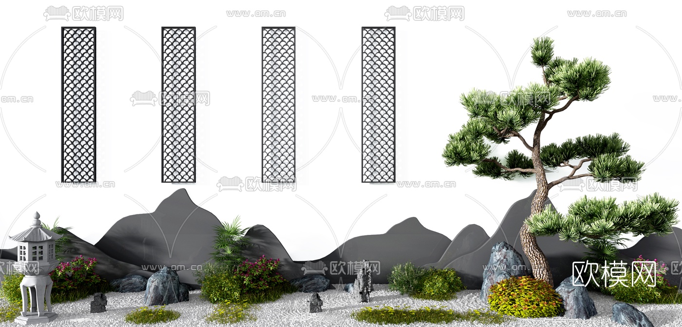 新中式松树山石花草景观小品3d模型
