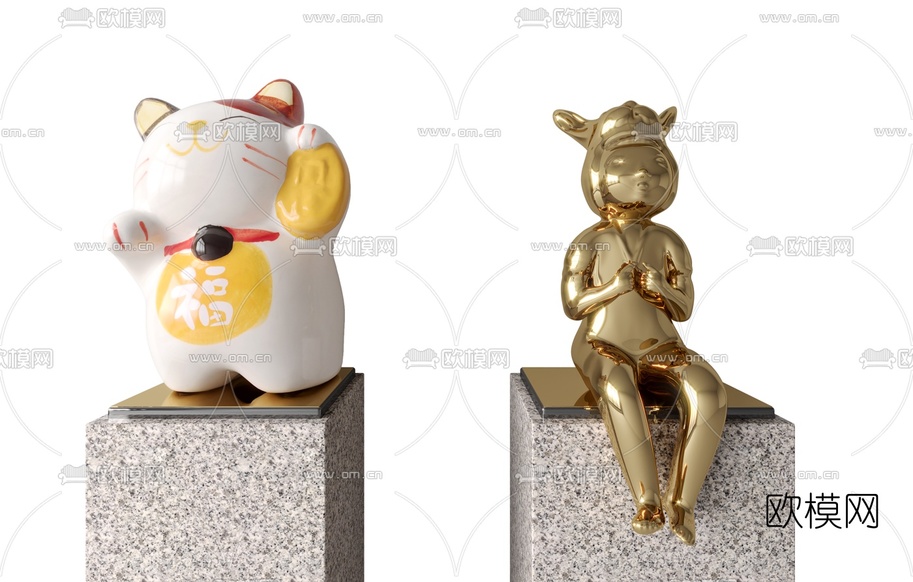 现代招财猫雕像艺术品3d模型下载(渲染图1)