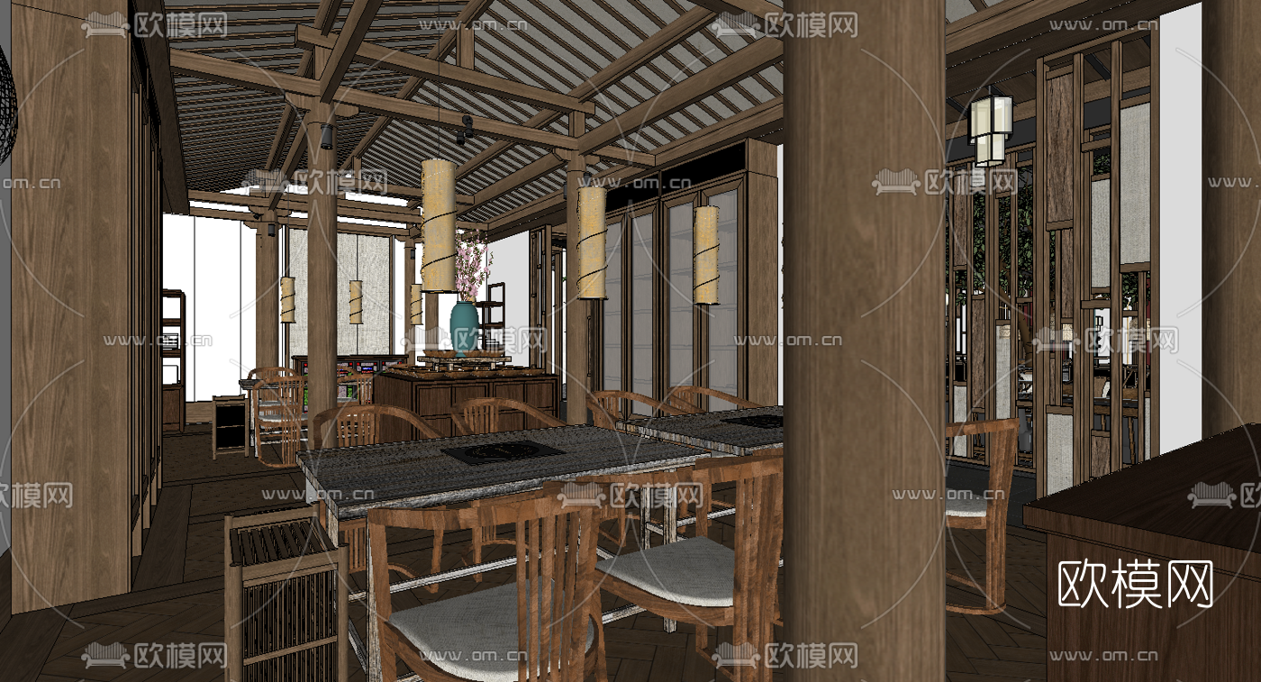 新中式自助餐厅su模型