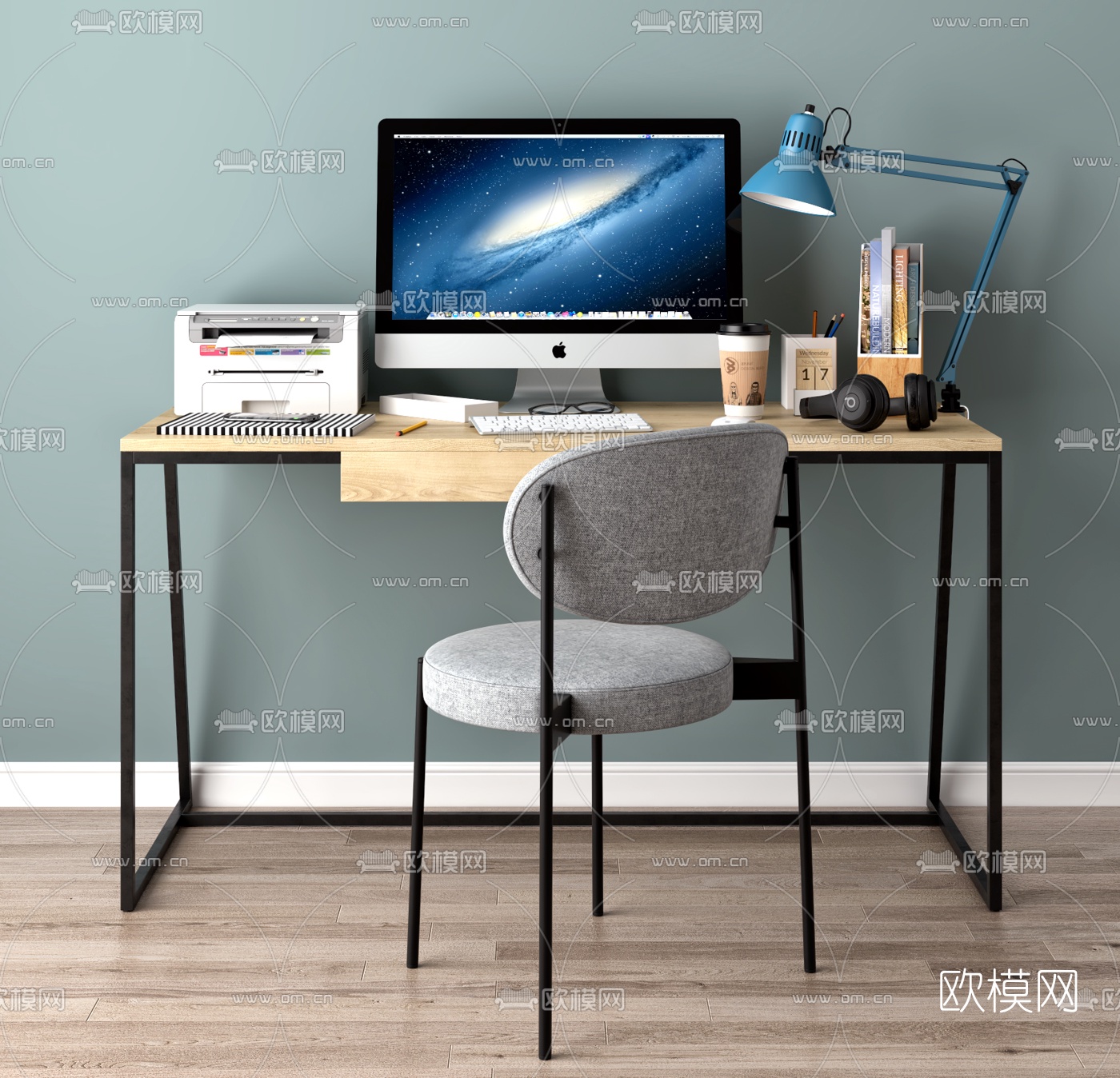 工业风铁艺书桌椅3d模型下载（渲染图1）