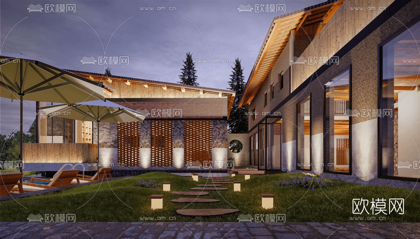 现代漂流民宿酒店夜景su模型下载（渲染图4）