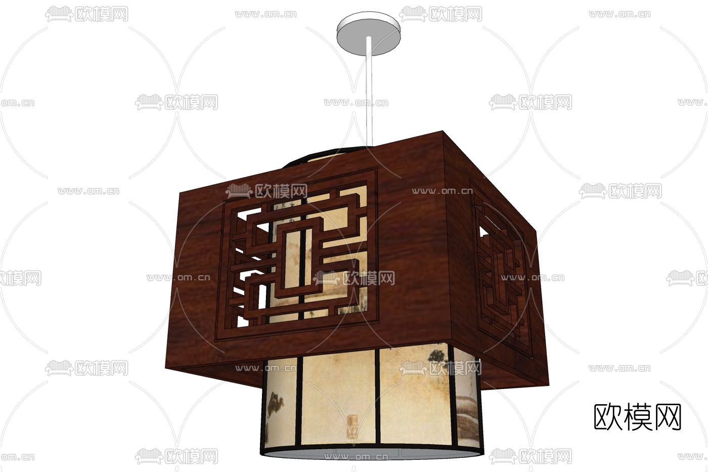 中式实木方形吊灯免费su模型下载