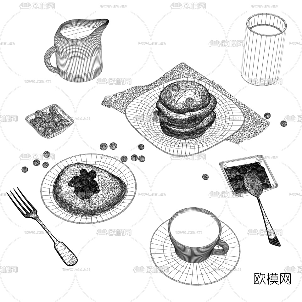 现代面包片勺叉咖啡餐具3d模型