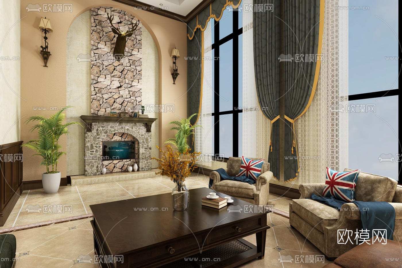 美式别墅客厅免费3d模型下载（渲染图1）