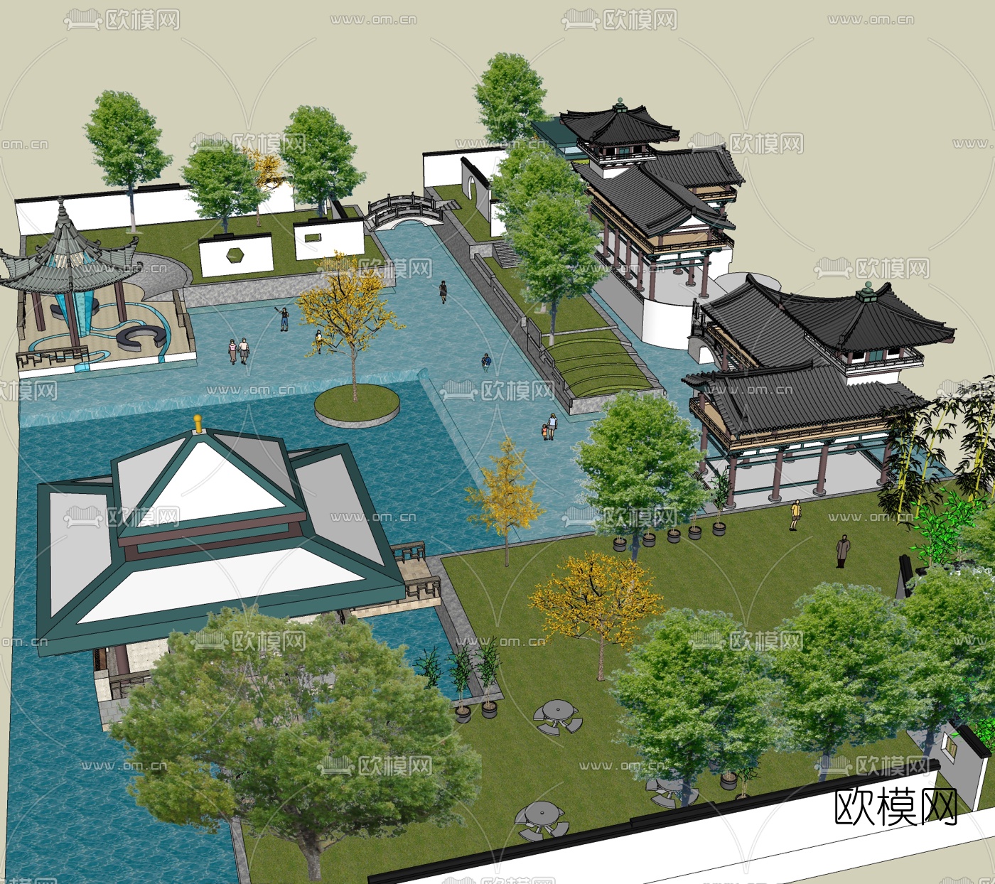 中式园林鸟瞰免费su模型下载