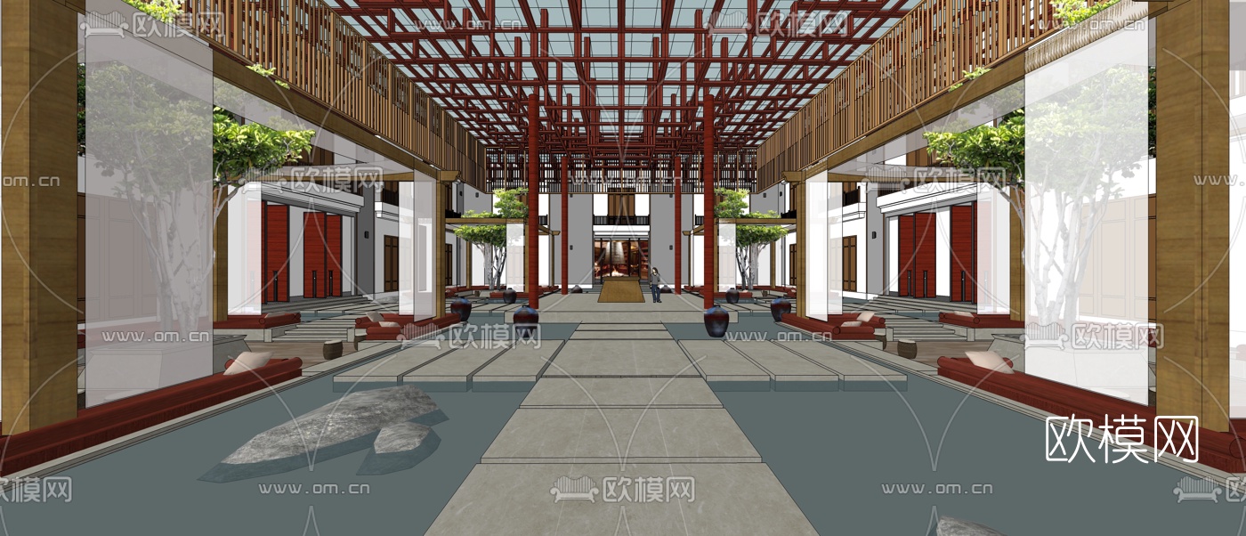 新中式酒店大堂su模型