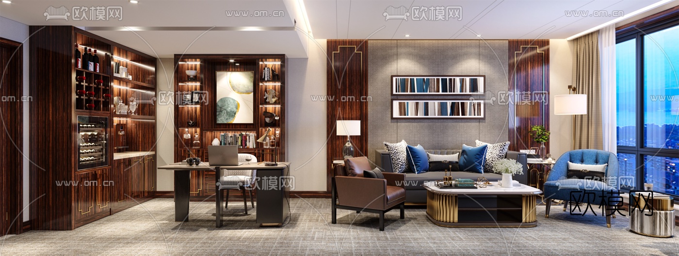 现代轻奢酒店客房套间3d模型下载（渲染图2）