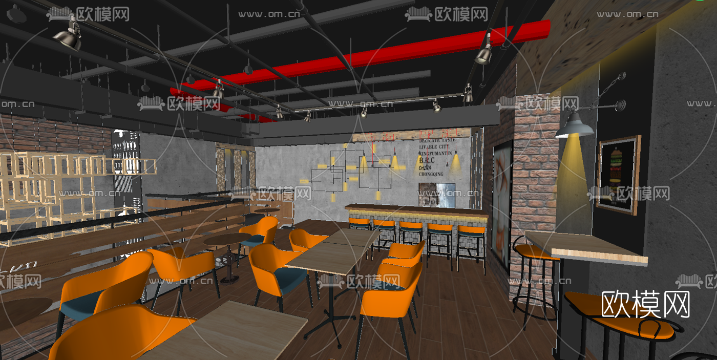 工业风咖啡厅su模型下载（渲染图1）