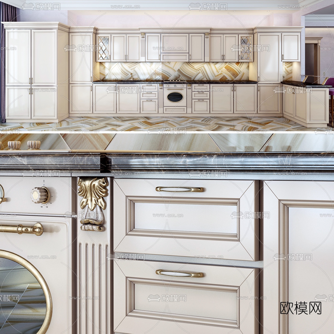 欧式轻奢橱柜3d模型下载（渲染图2）