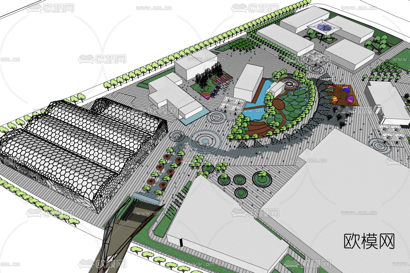 现代商业街免费su模型下载