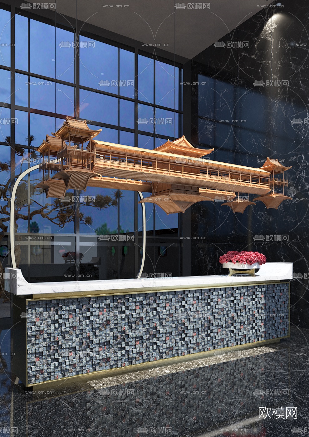 新中式前台接待台3d模型下载（渲染图2）