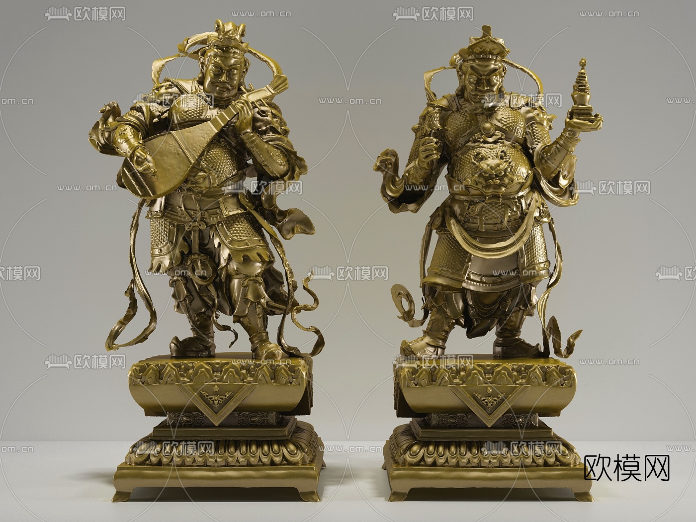 新中式金属持国托塔天王雕塑3d模型下载