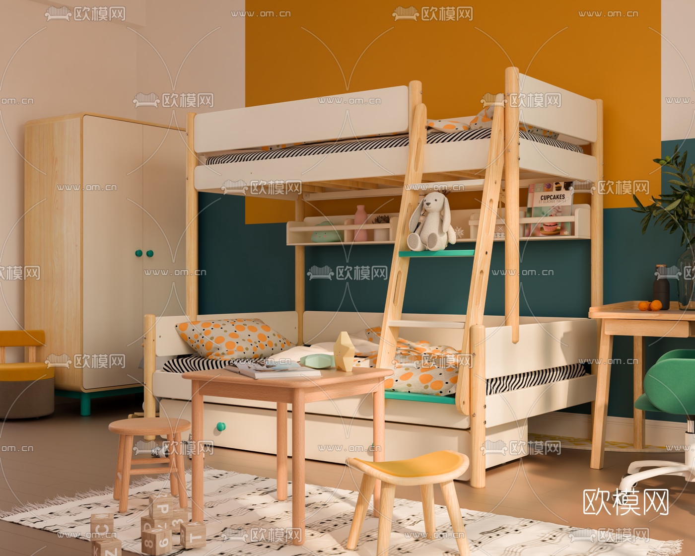 北欧上下铺儿童床3d模型下载（渲染图1）
