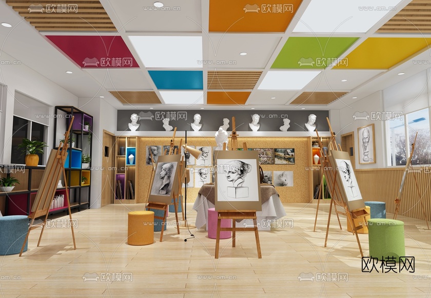 现代美术培训教室3d模型下载(渲染图1)