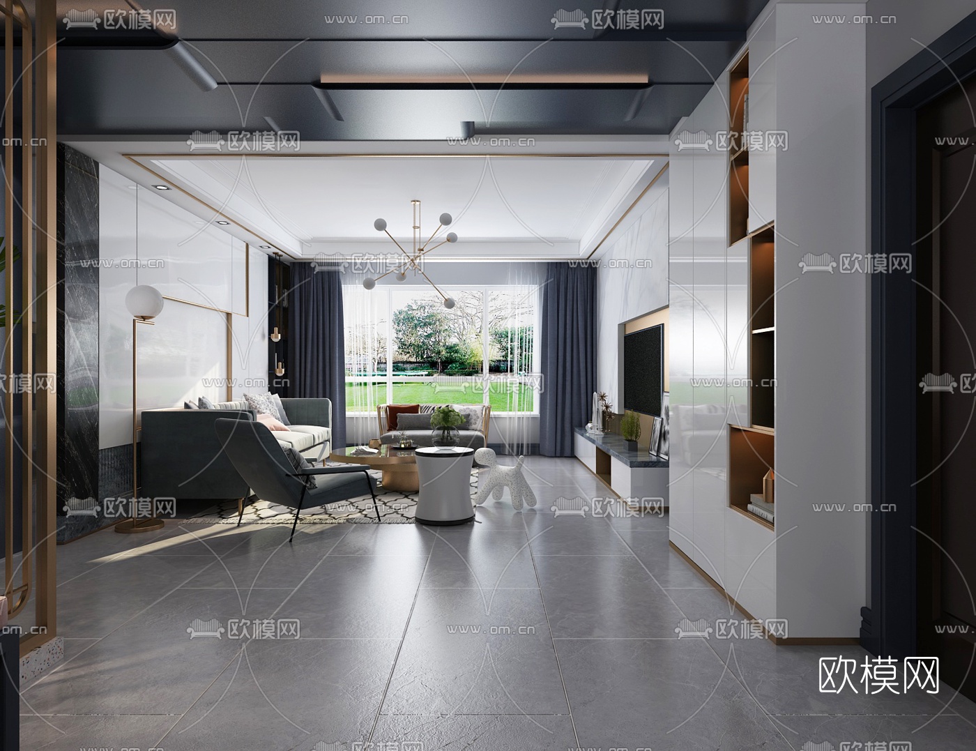 现代轻奢客厅餐厅3d模型
