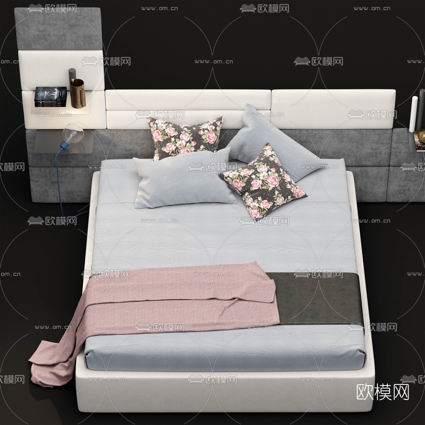 现代布艺双人床3d模型下载（渲染图2）