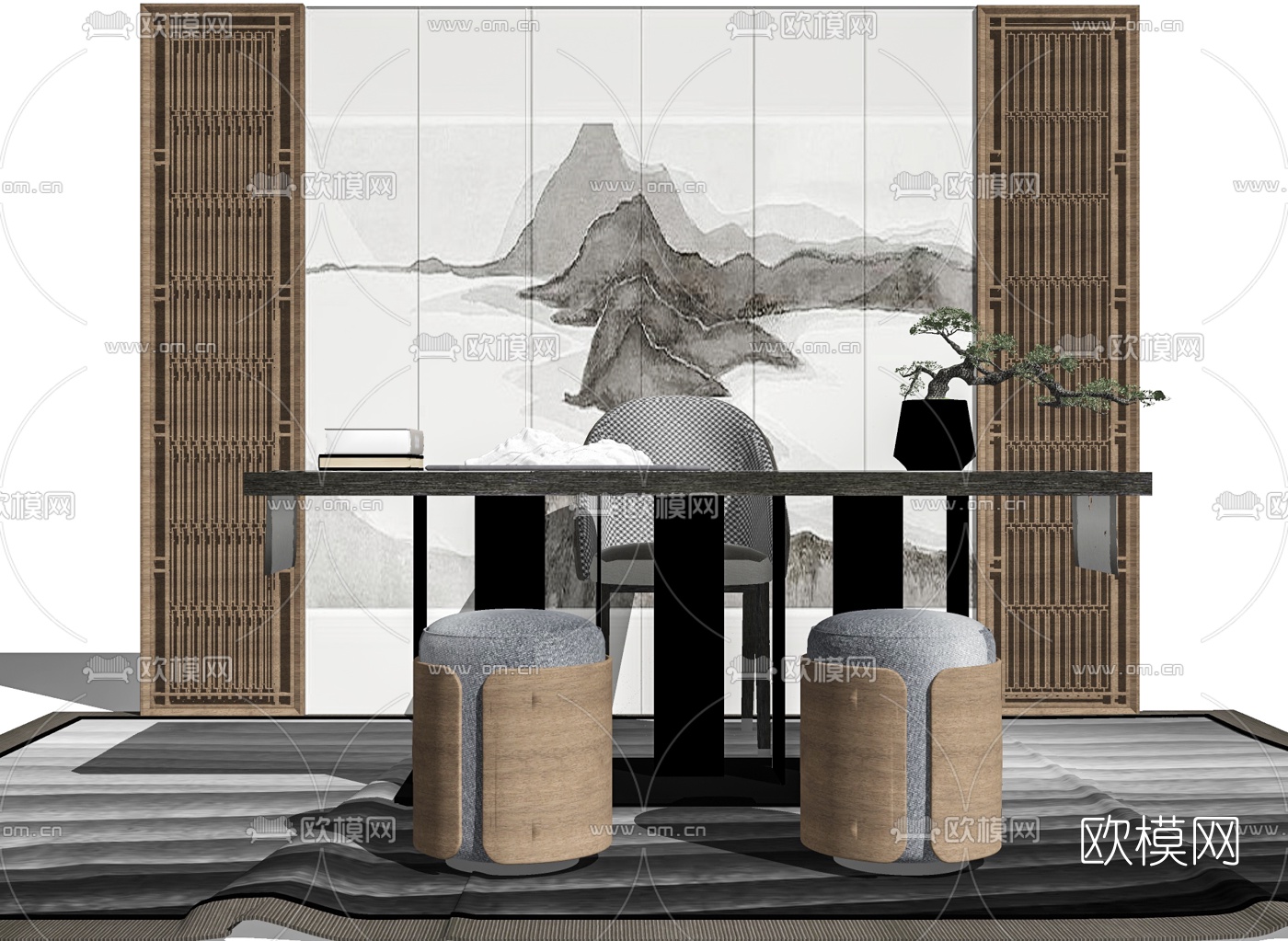 新中式书桌椅su模型下载