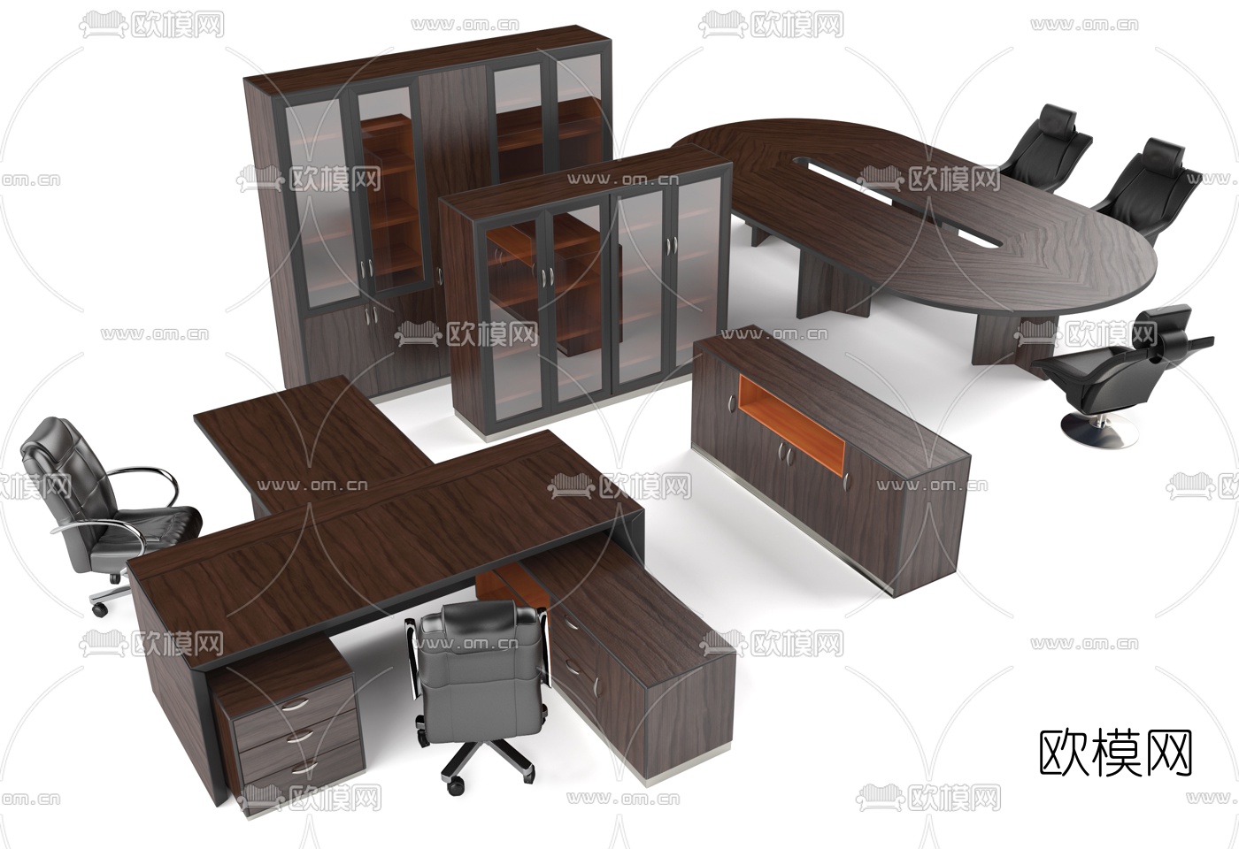 现代班台桌文件柜会议桌3d模型下载
