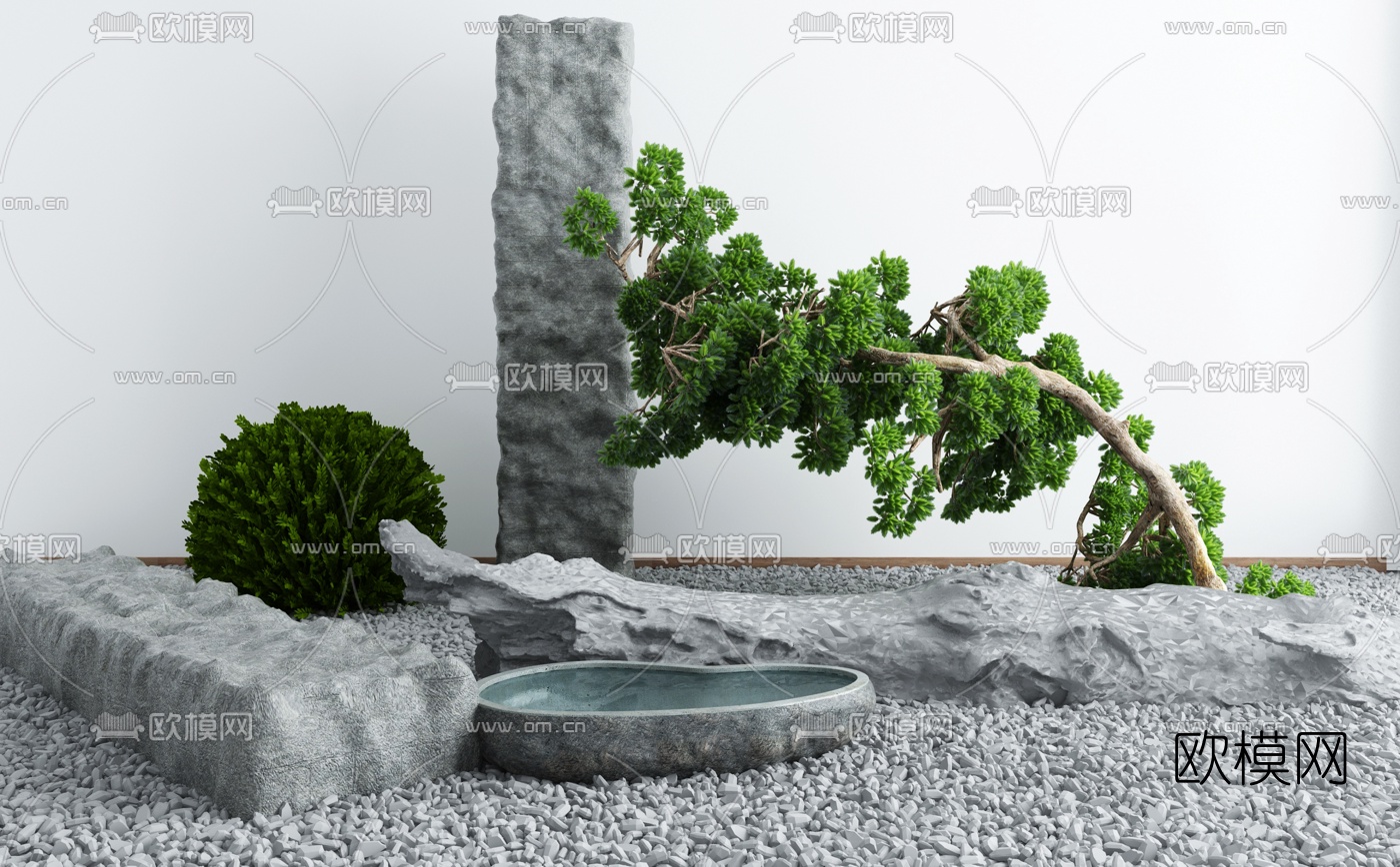 新中式树木山石景观小品3d模型