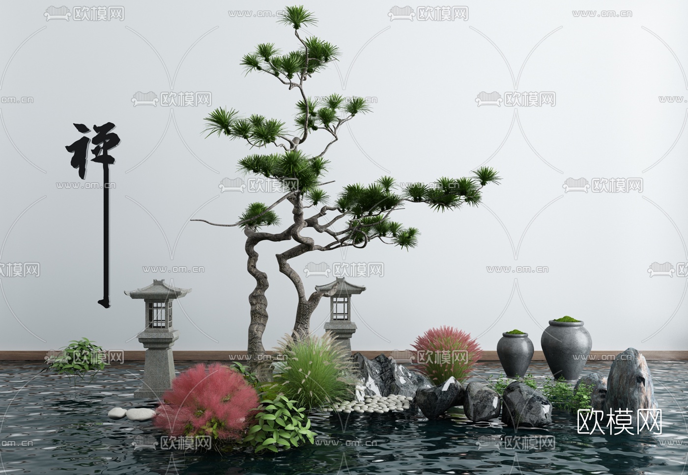 新中式禅意松树石头景观小品3d模型下载_ID10268568_3dmax免费模型-欧模网
