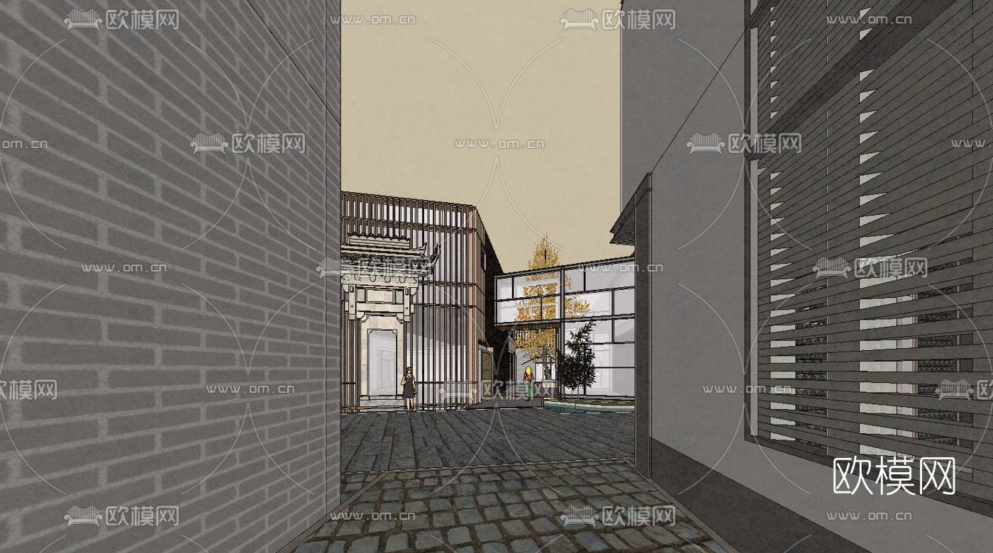 中式古街古镇风景区外观su模型下载（渲染图3）