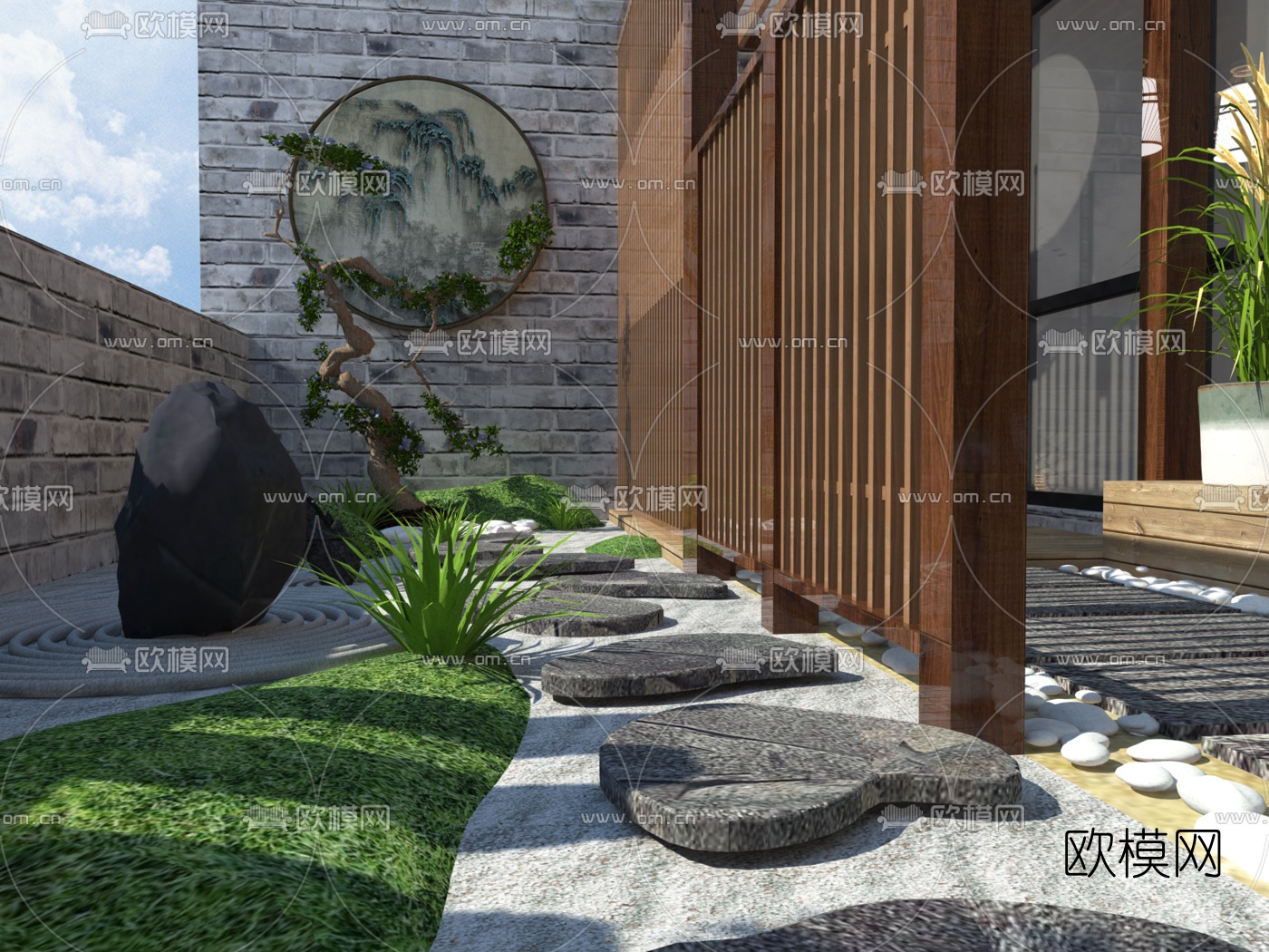 中式庭院景观su模型下载（渲染图3）