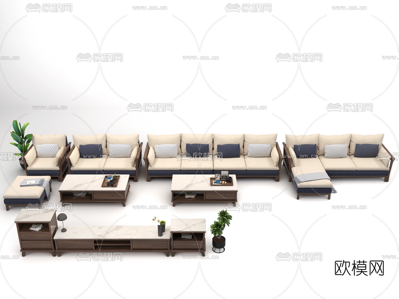 新中式实木茶几电视柜沙发组合3d模型