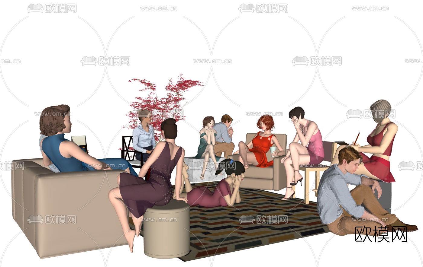 欧式坐姿人物组合su模型下载（渲染图1）