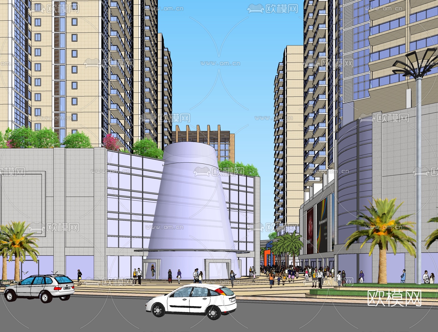 现代商业街免费su模型下载（渲染图1）