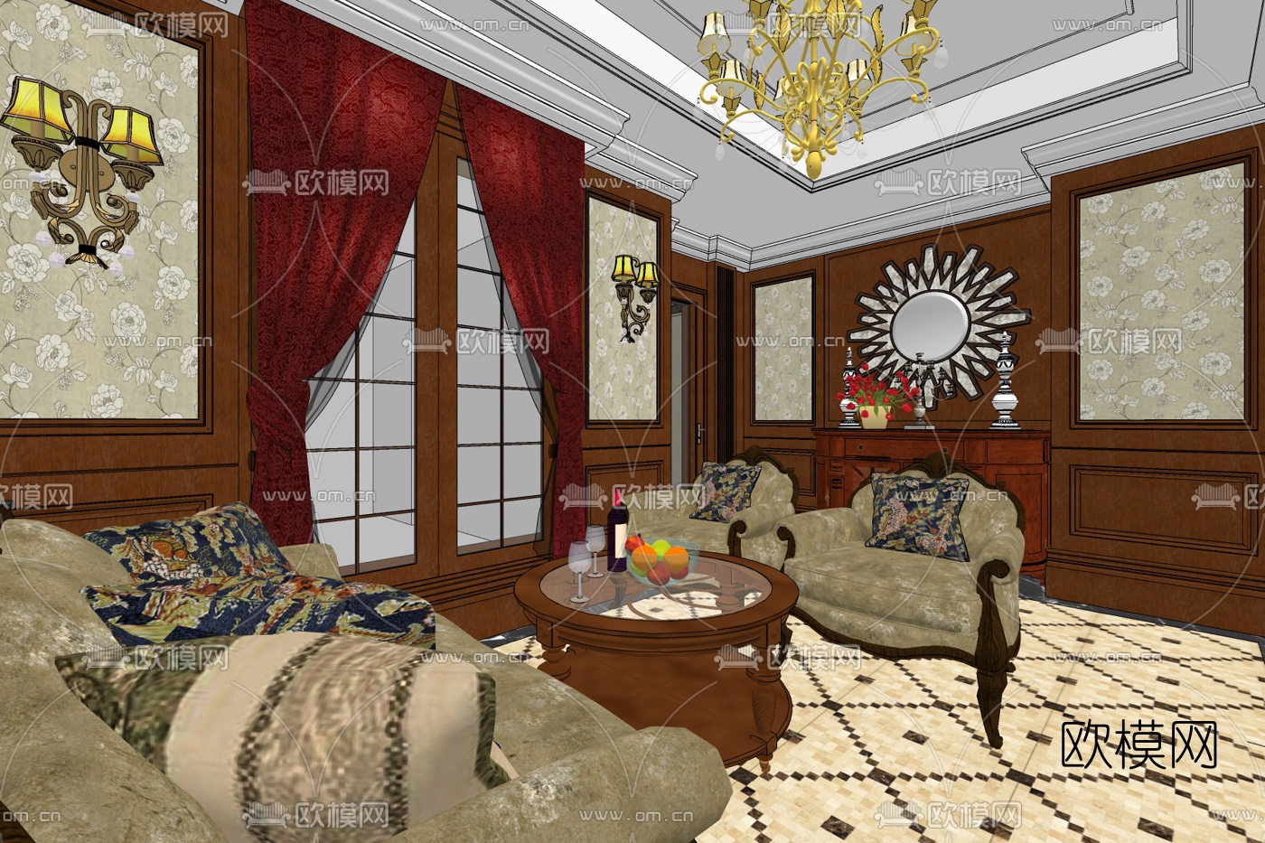 美式轻奢客厅免费su模型下载