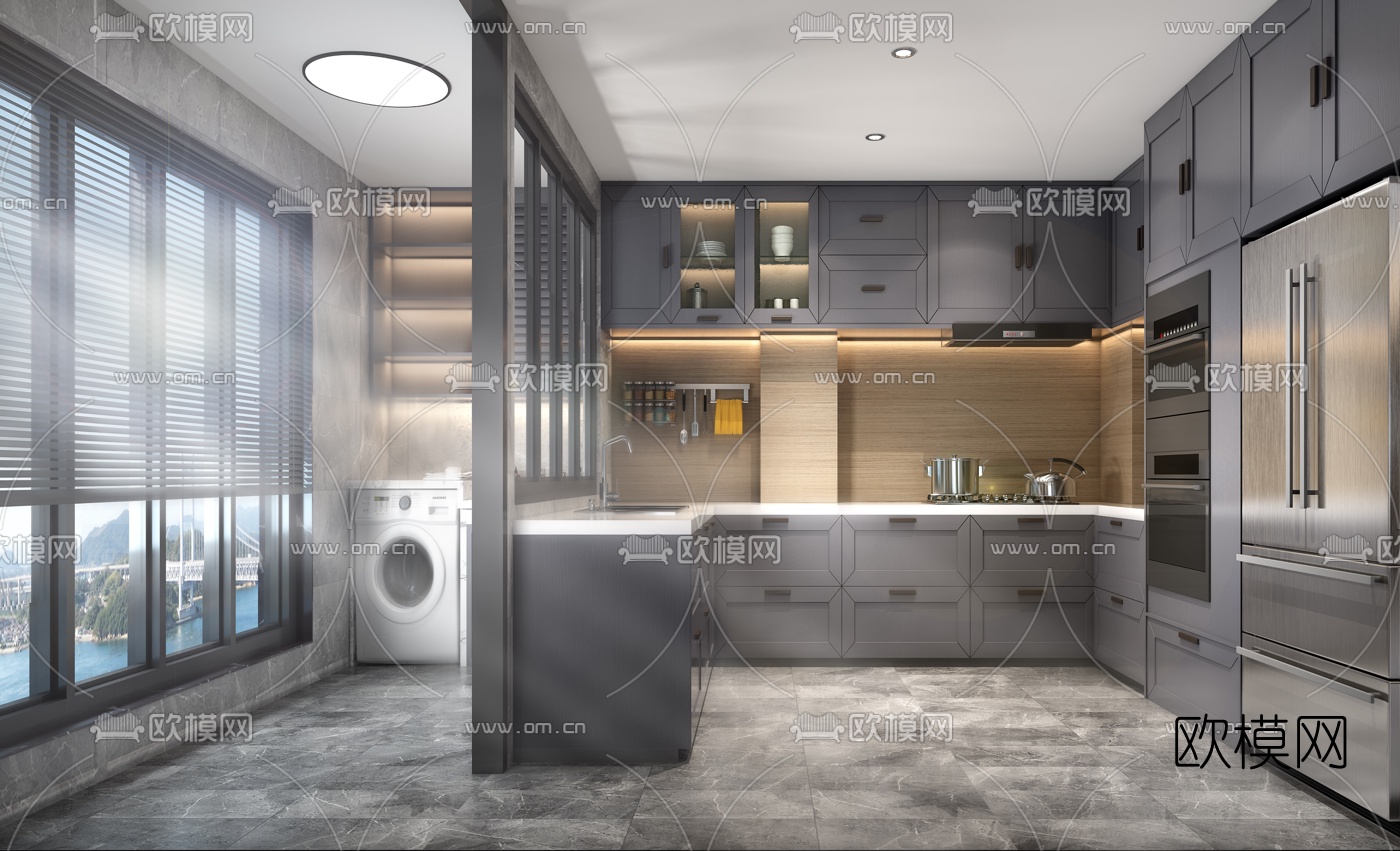 现代整体式厨房3d模型下载
