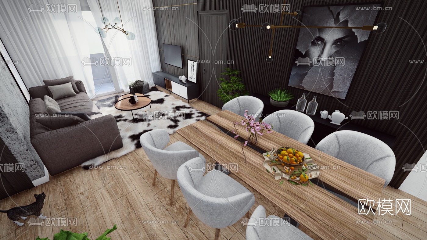 北欧客厅餐厅su模型下载（渲染图2）