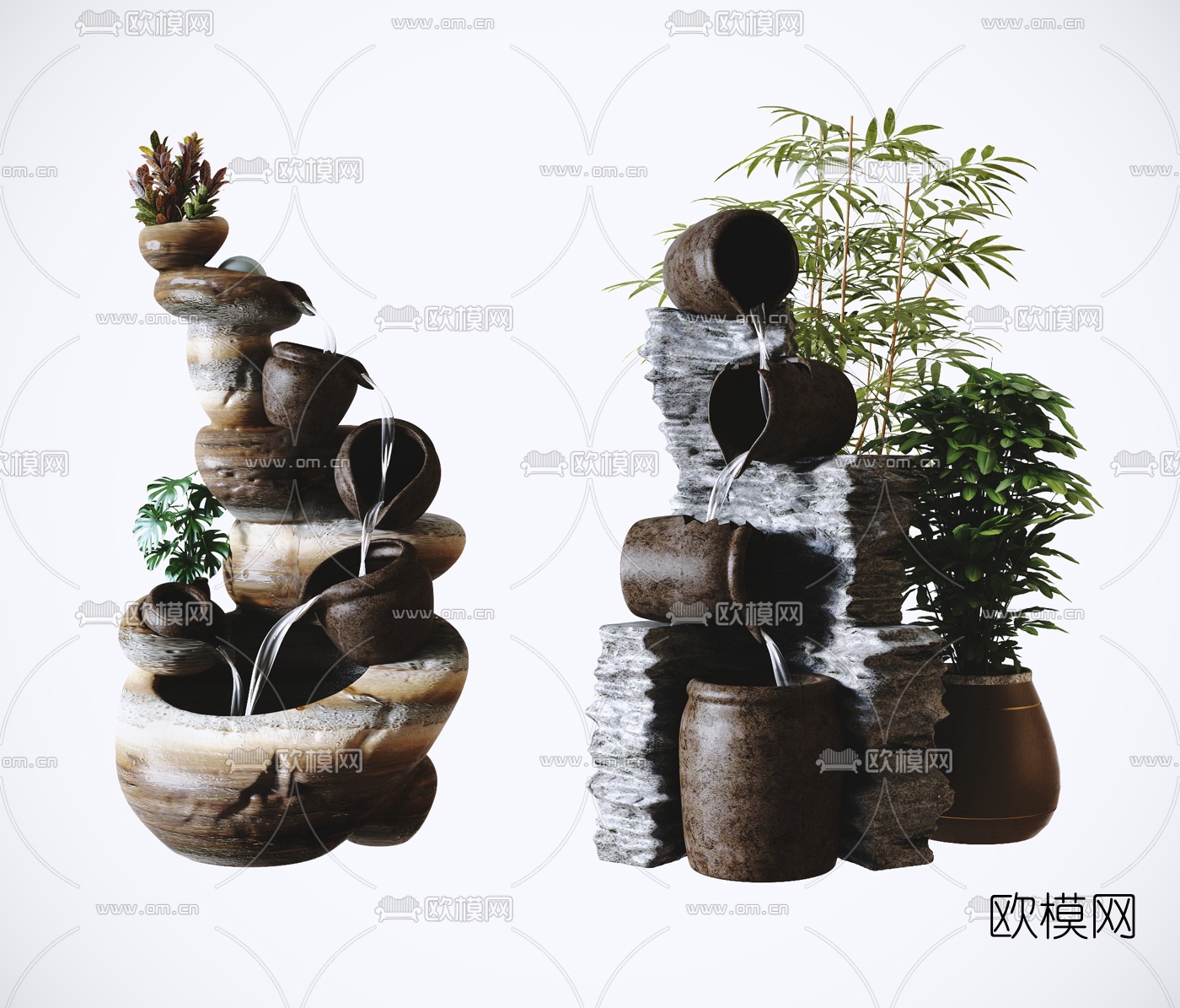 中式瓦罐流水小品3d模型下载