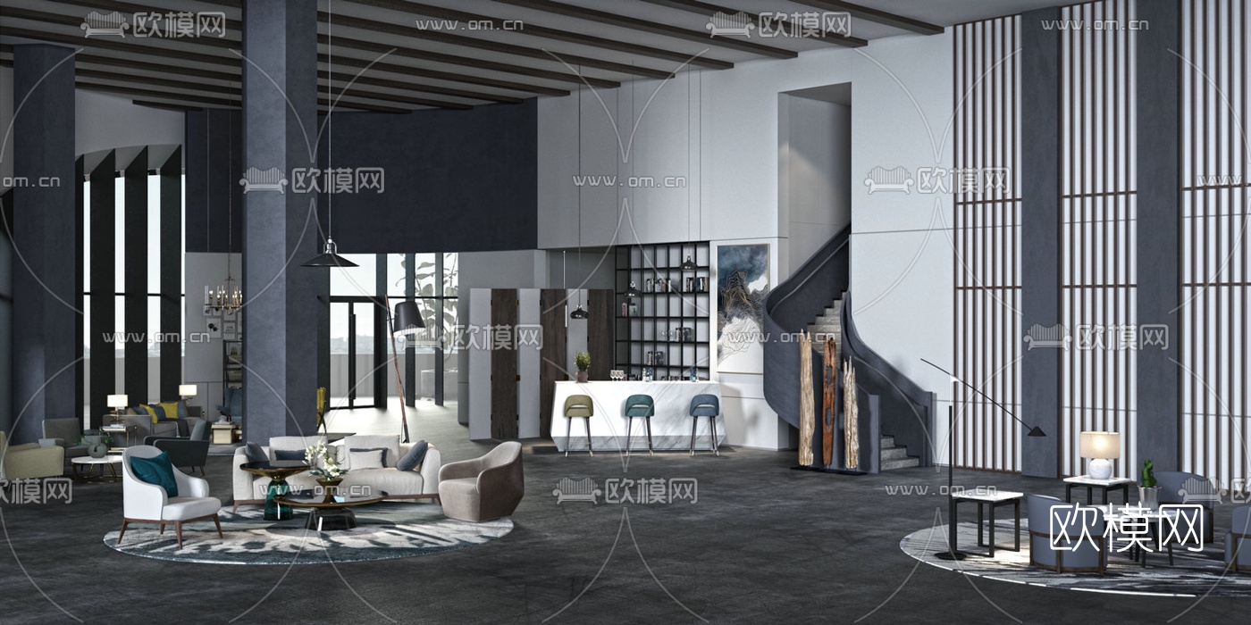 现代酒店大堂吧3d模型下载