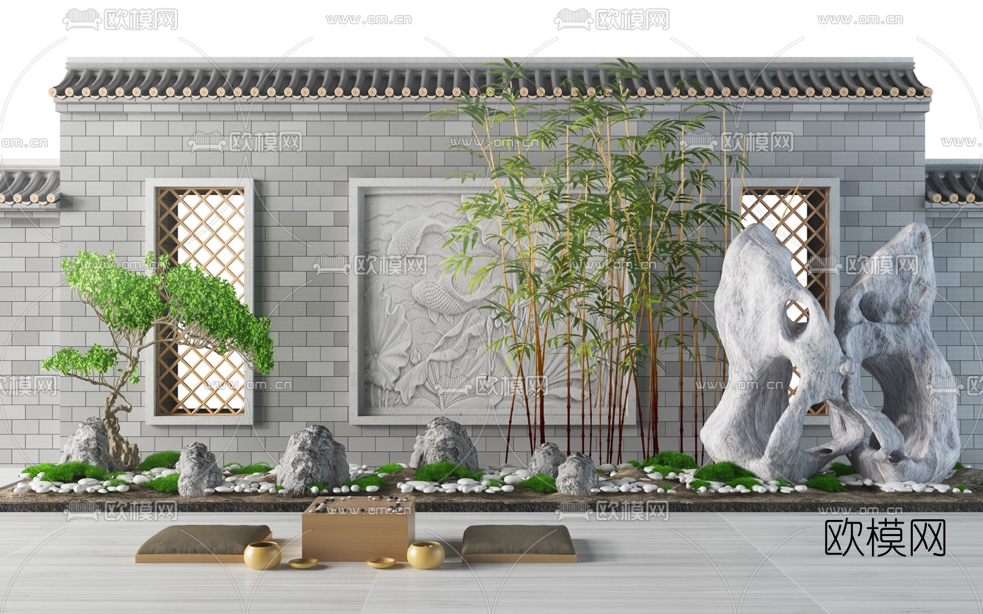新中式假山绿植围棋园艺小品3d模型下载